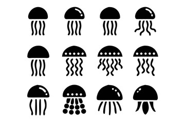Collection of jellyfish icons set of marine animal, sea creature, aquatic life, ocean wildlife glyph symbols