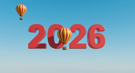 Hot air balloons ascend towards the year 2026 in a clear blue sky