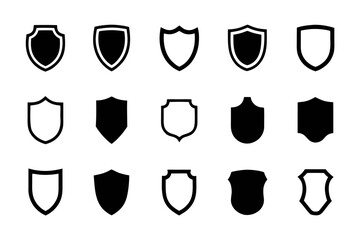 Collection of fifteen shield icons in various shapes and styles, , representing security, protection, and defense concepts