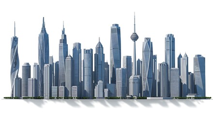 Modern city skyline with tall futuristic skyscrapers on white background