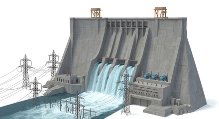 Modern concrete dam with water flowing through spillways and generating power
