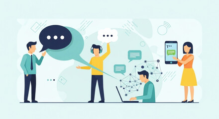 Teamwork and communication concept with people using speech bubbles and devices to connect and share ideas and information with each other