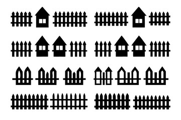 Set of fence and house silhouette picket fence, wooden fence, house with window illustration of fences and houses