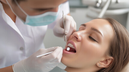 Naklejka premium Dental care checkup with patient, tools, and dentist at the clinic