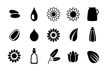 Sunflower oil icon set collection of symbols related to sunflower, oil, seed, and bottle healthy food and cooking ingredient