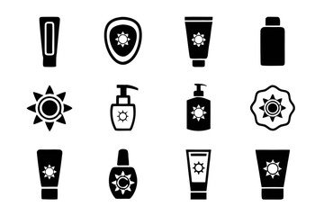 Collection of sunscreen icons, featuring various sun protection products like lotions, sprays, and creams for skin care and summer