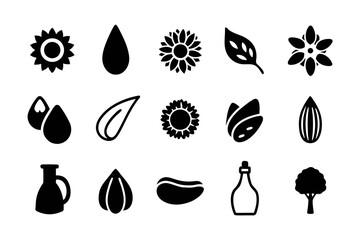 Collection of sunflower oil icons set of symbols related to sunflower, oil, seed, and bottle healthy food and cooking