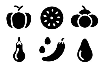 Illustration of various vegetables including pumpkins, tomatoes, eggplants, and chili peppers for culinary or agricultural themes