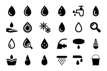 Collection of water drop illustrations, showcasing various forms and applications, suitable for environmental or design projects