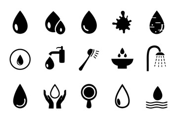 Collection of water drop illustrations, showcasing various forms and applications, suitable for environmental or design projects