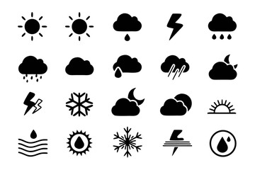 Weather condition icons set collection of different weather forecast symbols sun, rain, cloud, wind, snow, storm, and more