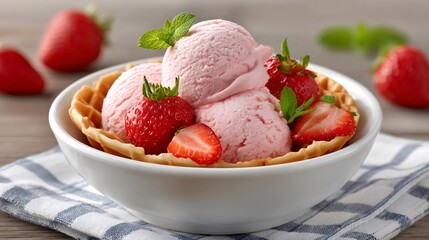 Strawberry ice cream scoops in waffle bowl