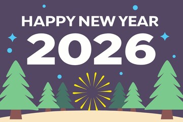 Happy New Year 2026 with Trees Fireworks and Stars on Purple Background celebration holiday