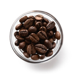 Top view of a glass bowl filled with roasted coffee beans. Aromatic whole beans used for espresso, cappuccino, and gourmet coffee recipes.