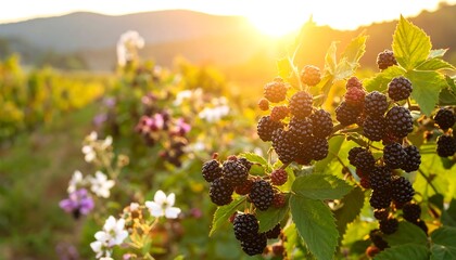 Blackberry bushes in sunset light