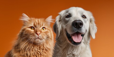 smiling and happy cat and dog on a plain orange background