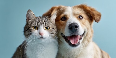Fototapeta na wymiar happy cat and dog on a plain blue background