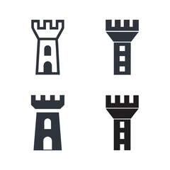 Four Castle Tower Icons in Dark Gray and Black on White Background fortress architecture