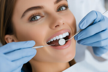 Beautiful female dentist performing dental exam with a smile in a professional clinic