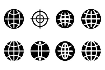 Collection of eight globe icons, featuring various grid patterns and a target symbol, representing global connectivity and precision