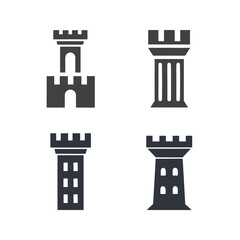 Four dark grey castle tower icons on white background fort fortress