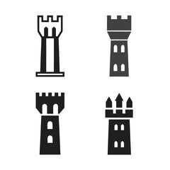 Four Stylized Castle Tower Icons on White Background silhouette fortress