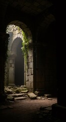 Ancient stone ruins with archway and green ivy. Old historic architecture of abandoned Roman or Greek temple.