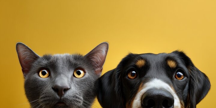 cat and dog peeking from bottom frame, only eyes and ears visible, symmetrical layout, cat with amber eyes, dog with floppy ears, minimalistic yellow background