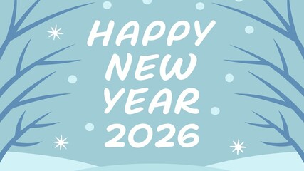 Happy New Year 2026 Winter Scene with Snowflakes and Bare Branches image photo