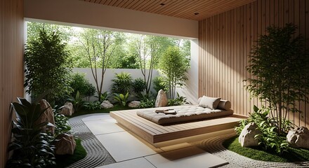Fototapeta premium A serene zen garden with a wooden platform, lush greenery, and natural light, creating a peaceful and meditative outdoor space for relaxation