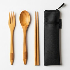 A reusable wooden travel cutlery set with a fork, spoon, and chopsticks in a case. Eco-friendly, zero waste, and plastic-free concept.