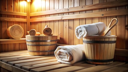 Warm wooden sauna interior with rolled towels and buckets