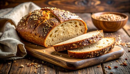 Close-up of freshly sliced multigrain sourdough bread topped with flax seeds, resting on a rustic wooden cutting board. Golden crust with textured grains, airy crumb, and natural flour dusting.
