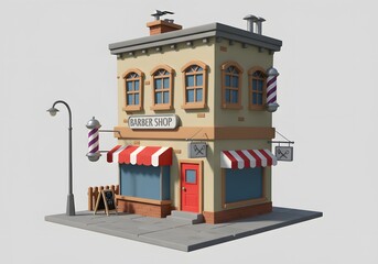 Cartoon Barber Shop Building with Barber Pole and Street Lamp