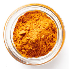 High-quality closeup image of ground turmeric spice in a transparent glass bowl on a white background, viewed from above.