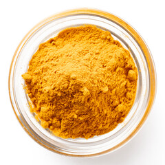 High-quality closeup image of ground turmeric spice in a transparent glass bowl on a white background, viewed from above.