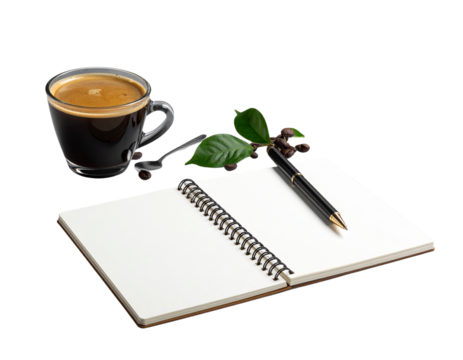 Note book and coffee on transparent