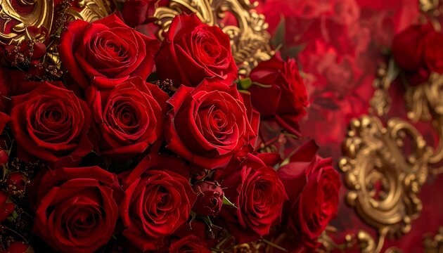 Close-up red rose bouquet on ornate backdrop