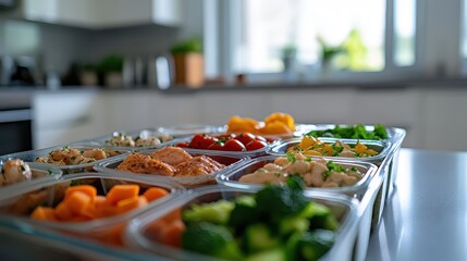 Fresh Meal Prep Containers with Colorful Ingredients on Kitchen Counter