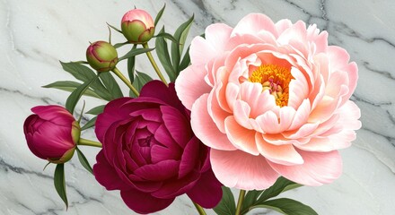 Pink and Burgundy Peonies on Marble Background peony flower flowers red illustration digital art floral botanical bloom blossom buds