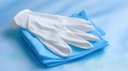 Clean White Gloves on Blue Cloth for Household Cleaning Tasks