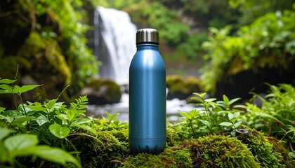 Blue water bottle in a lush forest