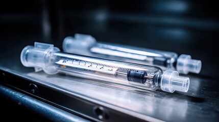 Close-Up View of Clear Medical Syringes on Metallic Surface