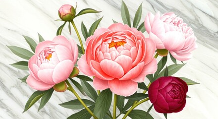 Pink and Red Peonies on Marble Background peony flower flowers bloom blossom bouquet floral botanical illustration digital art nature