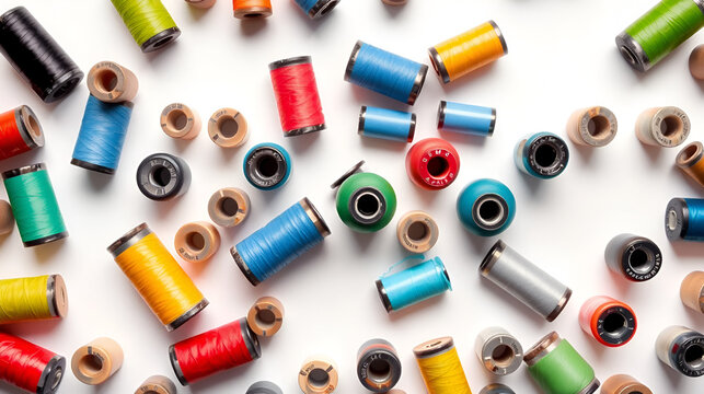 Industrial Sewing machine bobbins isolated on white background arranged in abstract and random order neat colorful playful