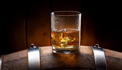 Whiskey Glass With Condensation Resting On Wooden Barrel Surface