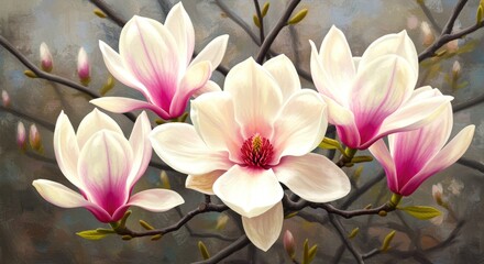 Pink and White Magnolia Blossoms flowers painting art floral nature spring bloom botanical plant illustration artwork design decor