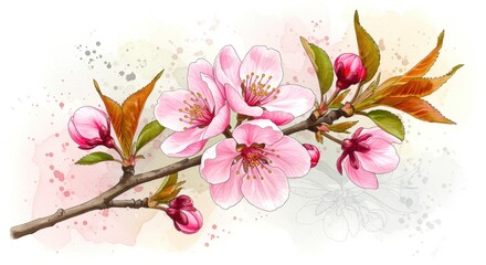 Pink Cherry Blossoms Watercolor Painting pink flowers floral spring nature branch leaves buds art illustration botanical design