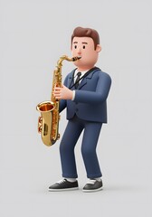 Naklejka premium Cartoon Man Playing Saxophone in Blue Suit