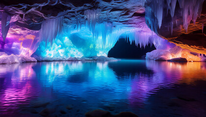 Illuminated Crystal Cave With Vibrant Colors Reflecting In Water